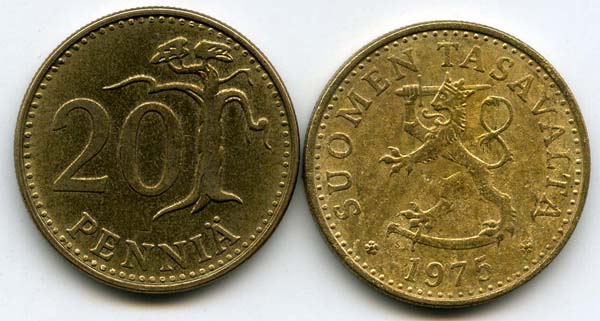 Монета 20 пенни 1975г Финляндия