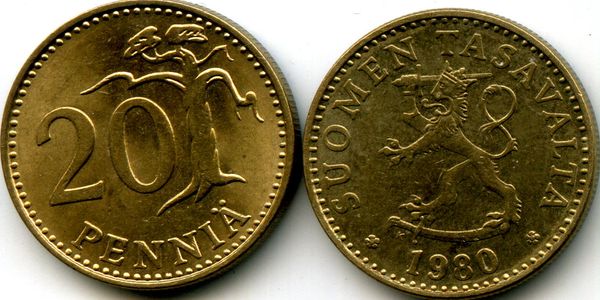 Монета 20 пенни 1980г Финляндия