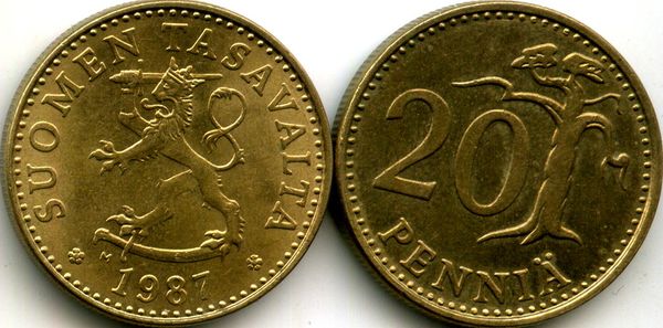Монета 20 пенни 1987г М Финляндия