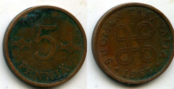 Монета 5 пенни 1963г Финляндия