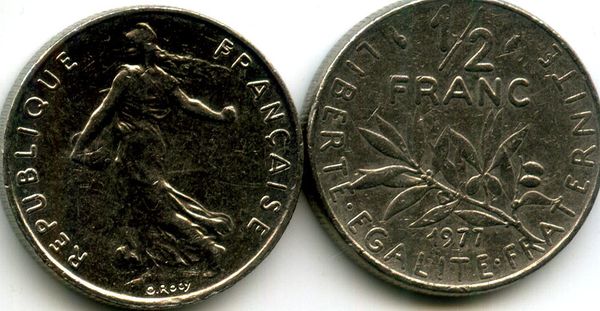 Монета 1/2 франка 1977г Франция