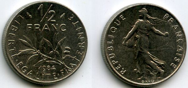 Монета 1/2 франка 1984г Франция