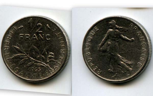 Монета 1/2 франка 1965г Франция