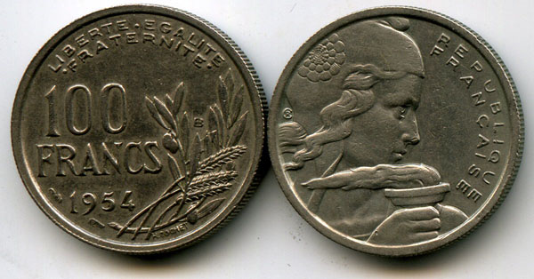 Монета 100 франков 1954г В Франция
