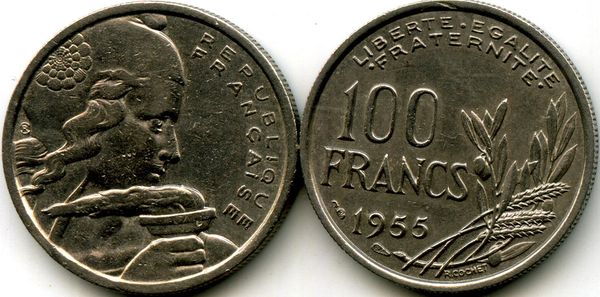 Монета 100 франков 1955г Франция