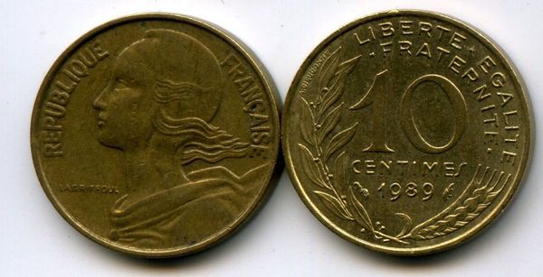 Монета 10 сентимов 1989г Франция
