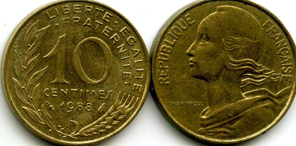 Монета 10 сентимов 1988г Франция
