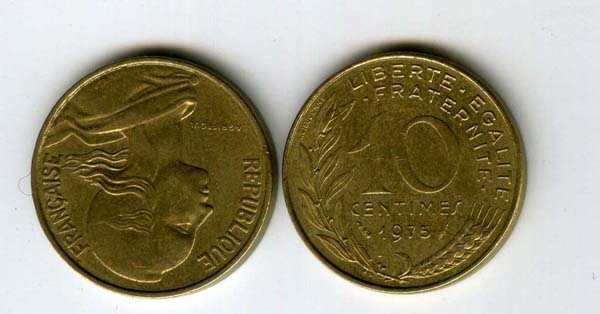 Монета 10 сентимов 1975г Франция
