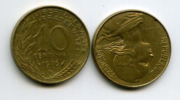 Монета 10 сентимов 1976г Франция