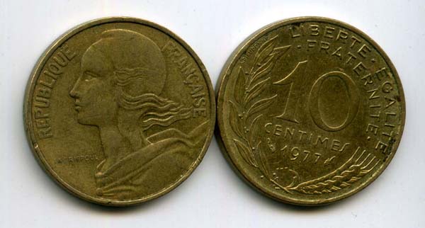 Монета 10 сентимов 1977г Франция