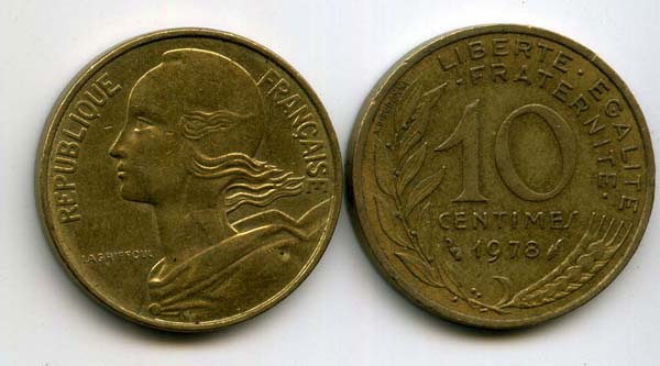 Монета 10 сентимов 1978г Франция