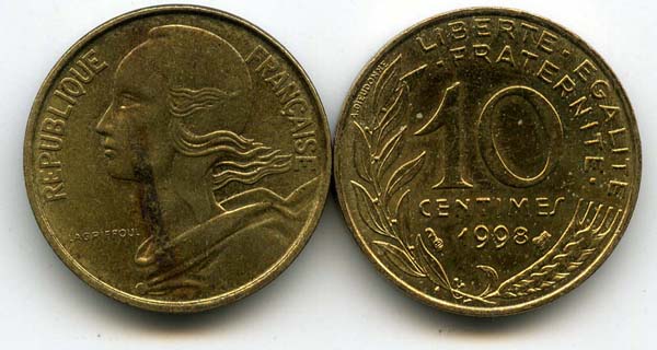 Монета 10 сентимов 1998г Франция