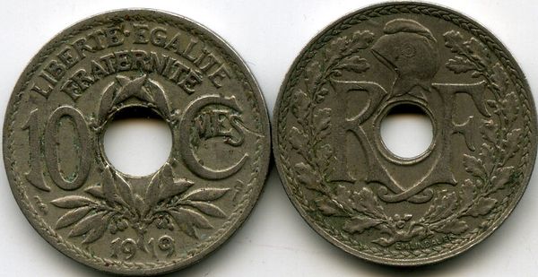 Монета 10 сентимов 1919г Франция