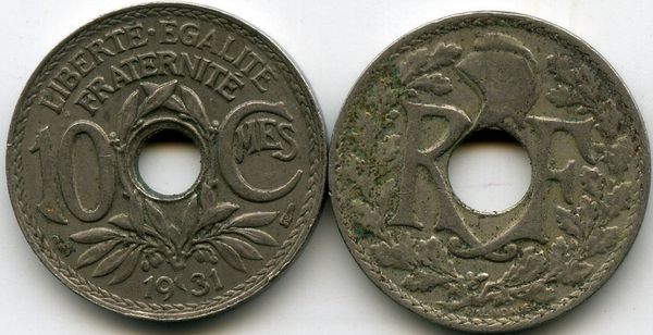 Монета 10 сентимов 1931г Франция