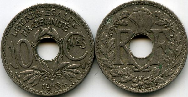 Монета 10 сентимов 1934г Франция
