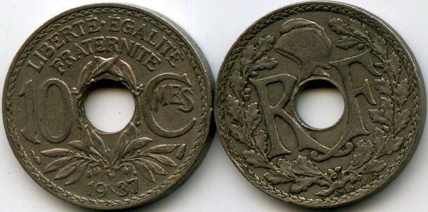Монета 10 сентимов 1937г Франция