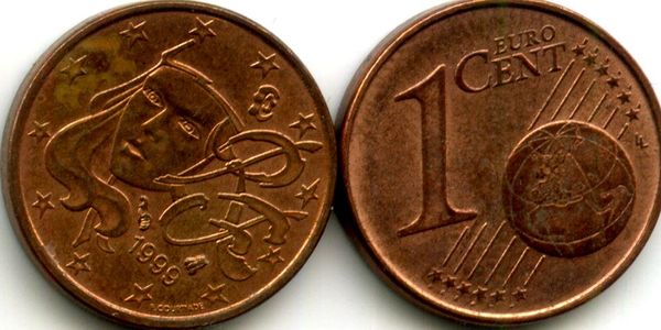 Монета 1 евроцент 1999г Франция