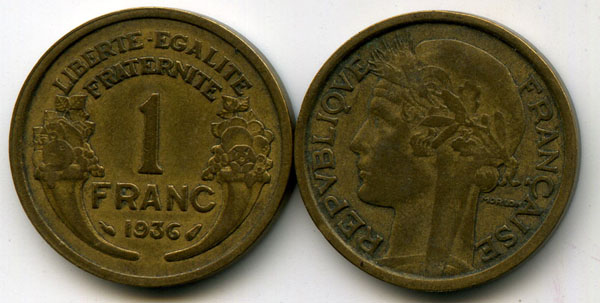 Монета 1 франк 1936г Франция