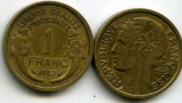 Монета 1 франк 1937г Франция