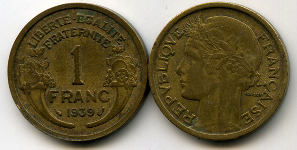 Монета 1 франк 1939г Франция