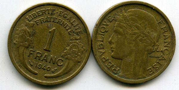 Монета 1 франк 1940г Франция