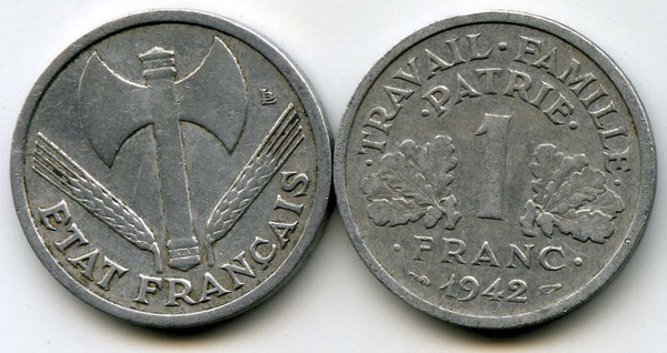 Монета 1 франк 1942г Франция