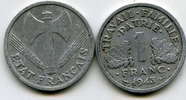 Монета 1 франк 1943г Франция