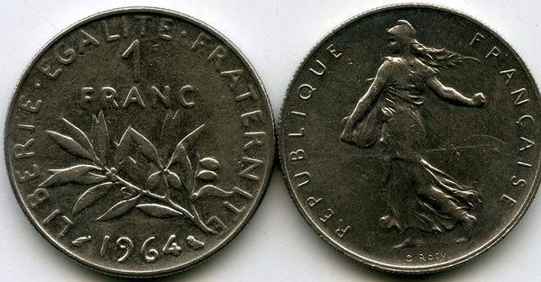 Монета 1 франк 1964г Франция