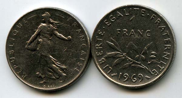Монета 1 франк 1969г Франция