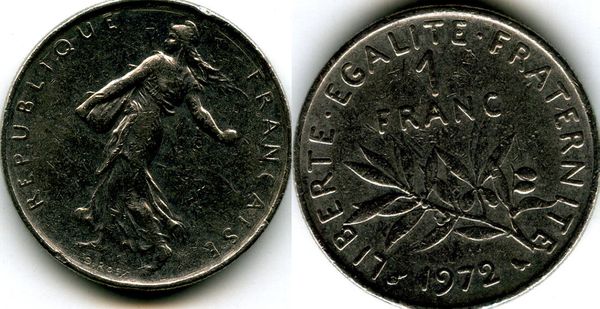Монета 1 франк 1972г Франция