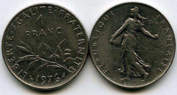 Монета 1 франк 1976г Франция