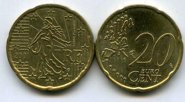 Монета 20 евроцентов 2001г Франция