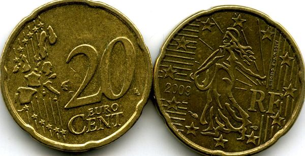 Монета 20 евроцентов 2009г Франция