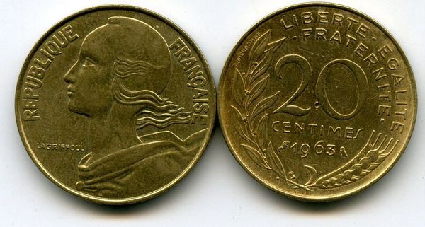 Монета 20 сентимов 1963г Франция