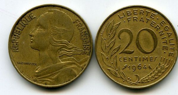 Монета 20 сентимов 1964г Франция