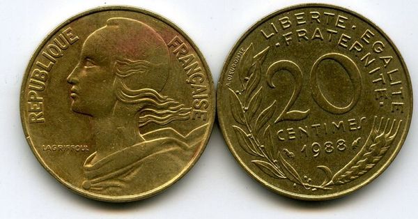 Монета 20 сентимов 1988г Франция