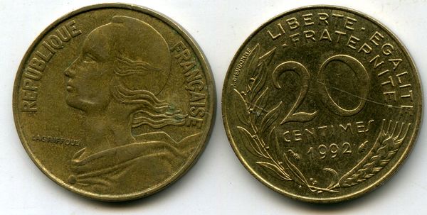 Монета 20 сентимов 1992г Франция