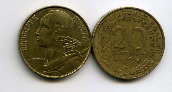 Монета 20 сентимов 1967г Франция