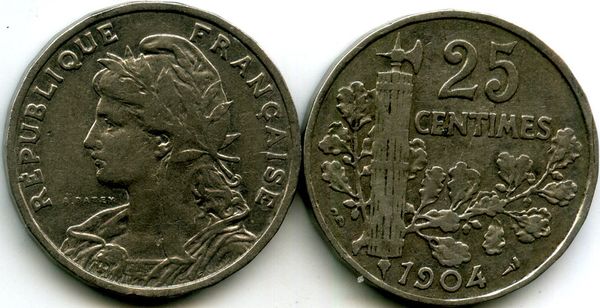 Монета 25 сантимов 1904г Франция