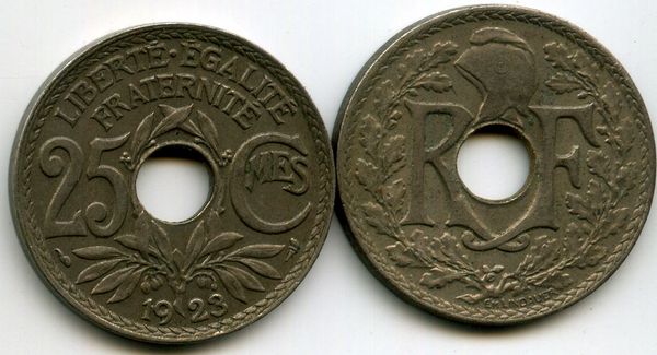 Монета 25 сантимов 1923г Франция