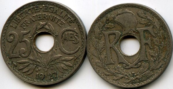 Монета 25 сантимов 1927г Франция