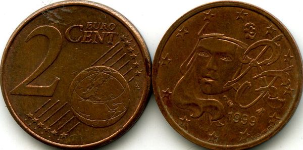 Монета 2 евроцента 1999г Франция