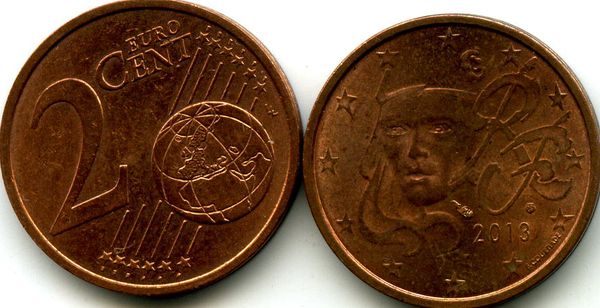 Монета 2 евроцента 2013г Франция