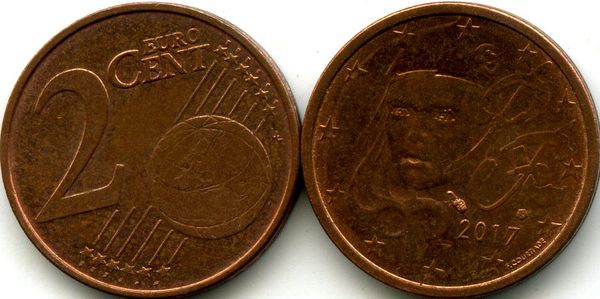 Монета 2 евроцента 2017г Франция
