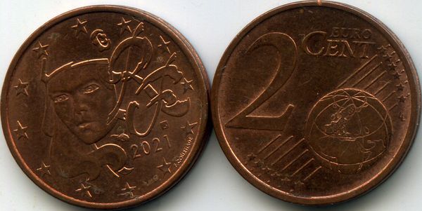 Монета 2 евроцента 2021г Франция