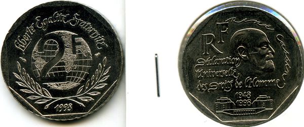 Монета 2 франка 1998г 50 лет Франция
