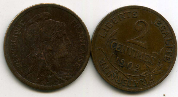 Монета 2 сентима 1902г Франция