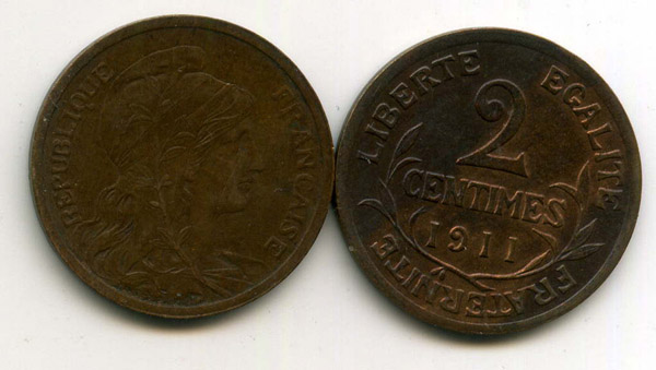 Монета 2 сентима 1911г Франция