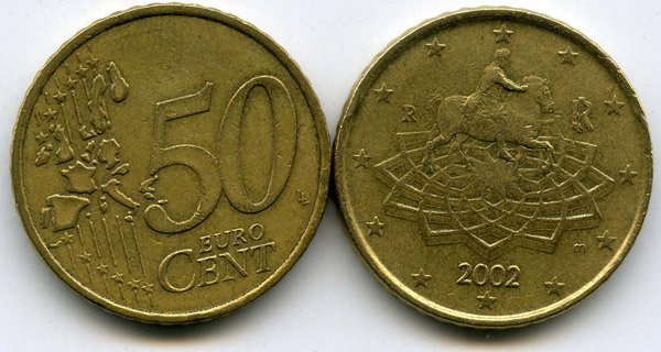 Монета 50 евроцент 2002г Италия