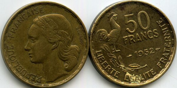 Монета 50 франков 1952г Франция
